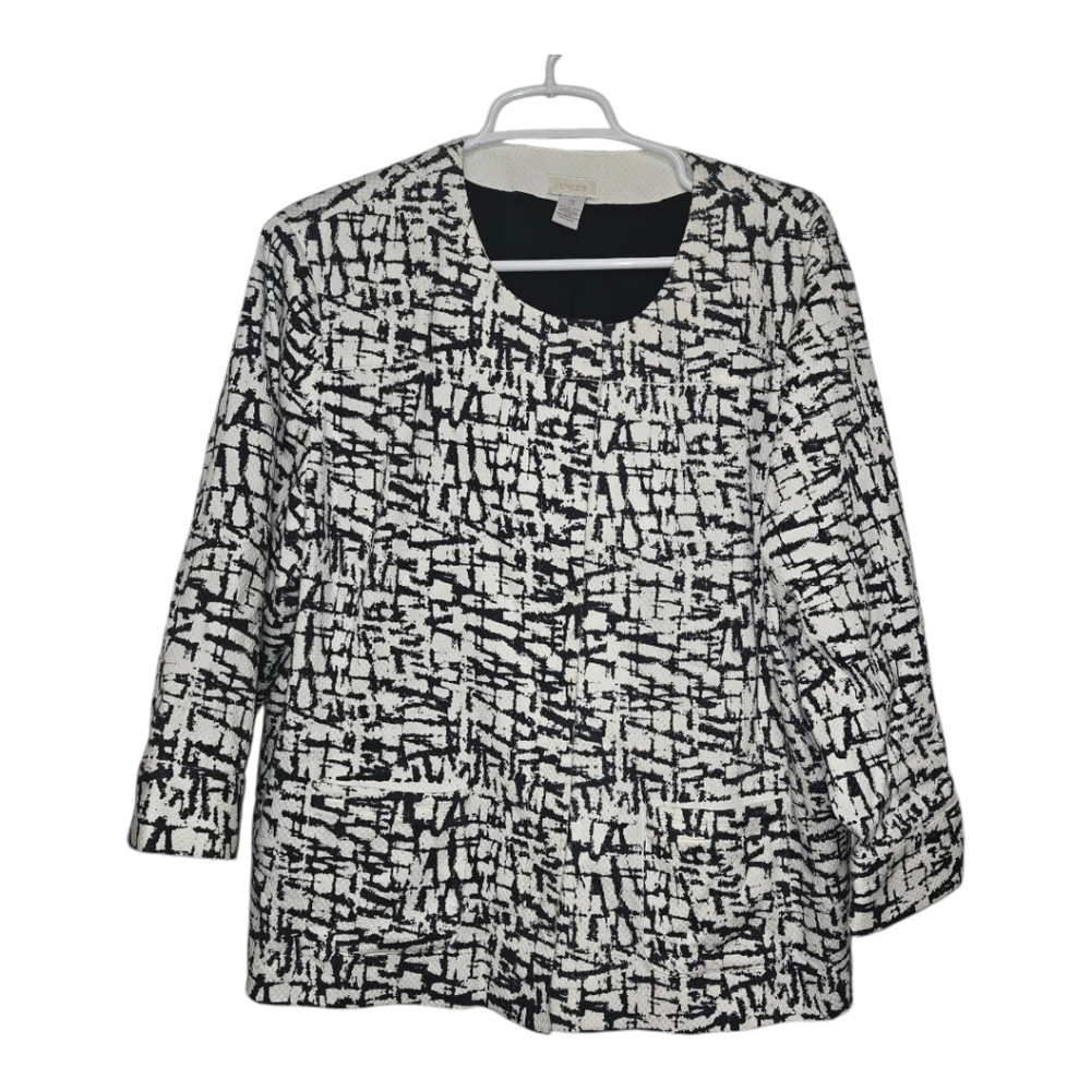 Chico’s 3 XL Abstract Print Jacket Black White Snap